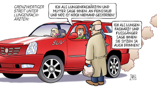 Cartoon: Lungenfachärzte (medium) by Harm Bengen tagged grenzwertiger,streit,lungenfachärzte,arzt,suv,mutter,feinstaub,no2,tod,gesundheitsgefährdung,fussgänger,kfz,auto,harm,bengen,cartoon,karikatur,grenzwertiger,streit,lungenfachärzte,arzt,suv,mutter,feinstaub,no2,tod,gesundheitsgefährdung,fussgänger,kfz,auto,harm,bengen,cartoon,karikatur