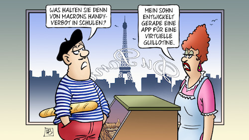 Cartoon: Macrons Handyverbot (medium) by Harm Bengen tagged frankreich,paris,macron,handyverbot,schulen,app,guillotine,smartphone,internet,harm,bengen,cartoon,karikatur,frankreich,paris,macron,handyverbot,schulen,app,guillotine,smartphone,internet,harm,bengen,cartoon,karikatur