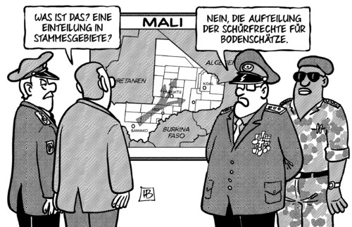 Cartoon: Mali-Einsatz (medium) by Harm Bengen tagged mali,einsatz,afrika,frankreich,deutschland,armee,militär,servale,krieg,bodentruppen,islam,islamistisch,rebellen,alkaida,einteilung,stammesgebiete,aufteilung,schürfrechte,bodenschätze,harm,bengen,cartoon,karikatur