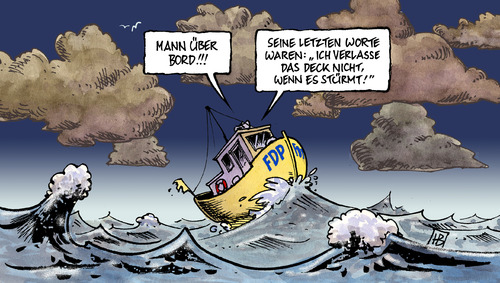 Cartoon: Mann über Bord (medium) by Harm Bengen tagged mann,bord,schiff,meer,see,sturm,orkan,wellen,westerwelle,fdp,krise,führung,abwahl,sturz,kritik,mann,schiff,meer,see,bord,sturm,orkan,wellen,guido westerwelle,fdp,krise,führung,abwahl,sturz,guido,westerwelle