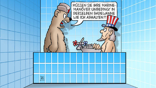 Cartoon: Manöver-NATO-Russland (medium) by Harm Bengen tagged marinemanöver,badewanne,loriot,bär,uncle,sam,russland,usa,nato,harm,bengen,cartoon,karikatur,marinemanöver,badewanne,loriot,bär,uncle,sam,russland,usa,nato,harm,bengen,cartoon,karikatur