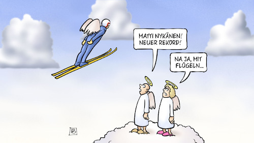 Cartoon: Matti Nykänen (medium) by Harm Bengen tagged matti,nykänen,tot,tod,rekord,skispringer,skiflieger,olympiasieger,engel,flügel,himmel,harm,bengen,cartoon,karikatur,matti,nykänen,tot,tod,rekord,skispringer,skiflieger,olympiasieger,engel,flügel,himmel,harm,bengen,cartoon,karikatur