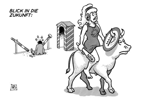 Cartoon: Maut-Zukunft (medium) by Harm Bengen tagged zukunft,dobrindt,maut,pkw,steuer,verkehrsminister,groko,eu,europa,stier,gesetz,zoll,grenze,harm,bengen,cartoon,karikatur