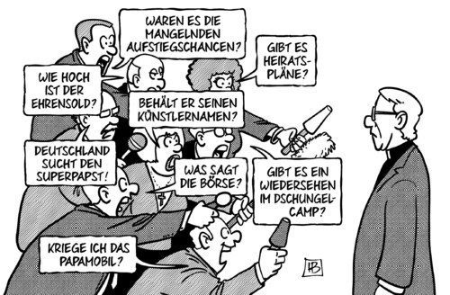 Cartoon: Mediales Papstinteresse (medium) by Harm Bengen tagged aufstiegschancen,ehrensold,heiratspläne,zölibat,künstlername,deutschland,superpapst,börse,wiedersehen,dschungelcamp,tv,papamobil,reporter,interview,lombardi,papstsprecher,papst,rücktritt,benedikt,ratzinger,gesundheit,alter,katholische,kirche,rom,harm,bengen,cartoon,karikatur