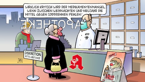 Cartoon: Medikamentenmangel (medium) by Harm Bengen tagged medikamentenmangel,weihnachten,neujahr,sodbrennen,susemil,fiebersaft,kinder,apotheken,engpass,lieferschwierigkeiten,harm,bengen,cartoon,karikatur,medikamentenmangel,weihnachten,neujahr,sodbrennen,susemil,fiebersaft,kinder,apotheken,engpass,lieferschwierigkeiten,harm,bengen,cartoon,karikatur