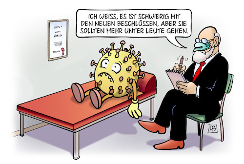 Cartoon: Mehr unter Leute (medium) by Harm Bengen tagged virus,psychiater,psychologe,beschlüsse,leute,mpk,kontakte,corona,harm,bengen,cartoon,karikatur,virus,psychiater,psychologe,beschlüsse,leute,mpk,kontakte,corona,harm,bengen,cartoon,karikatur