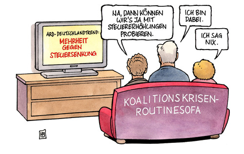 Cartoon: Mehrheit gegen Steuersenkung (medium) by Harm Bengen tagged steuersenkung,steuererleichterung,steuer,steuererhöhung,wahlversprechen,koalition,krise,routine,cdu,csu,fdp,westerwelle,seehofer,merkel,deutschlandtrend,ard,tv,fernsehen,sofa,couch,steuersenkung,steuererleichterung,steuern,steuer,steuererhöhung,wahlversprechen,krise,koalition,routine,cdu,csu,horst seehofer,angela merkel,deutschlandtrend,guido westerwelle,horst,seehofer,angela,merkel,guido,westerwelle