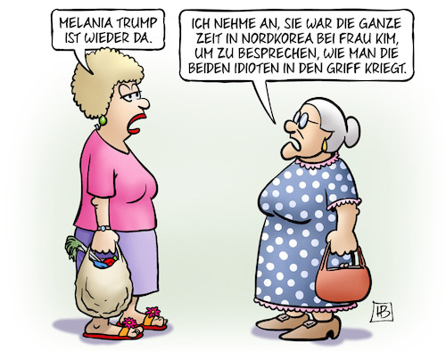 Cartoon: Melania wieder da (medium) by Harm Bengen tagged melania,trump,ehefrau,rückkehr,nordkorea,kim,idioten,treffen,singapur,susemil,harm,bengen,cartoon,karikatur,melania,trump,ehefrau,rückkehr,nordkorea,kim,idioten,treffen,singapur,susemil,harm,bengen,cartoon,karikatur