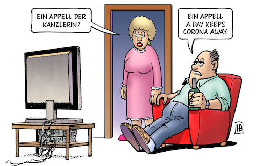Cartoon: Merkel-Corona-Appell (medium) by Harm Bengen tagged appell,kanzlerin,merkel,tv,apfel,apple,corona,harm,bengen,cartoon,karikatur,appell,kanzlerin,merkel,tv,apfel,apple,corona,harm,bengen,cartoon,karikatur