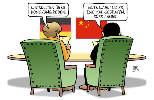 Cartoon: Merkel und Hongkong (medium) by Harm Bengen tagged hongkong,proteste,demokratiebewegung,reden,staatsbesuch,china,xi,speisekarte,essen,harm,bengen,cartoon,karikatur,hongkong,proteste,demokratiebewegung,reden,staatsbesuch,china,xi,speisekarte,essen,harm,bengen,cartoon,karikatur