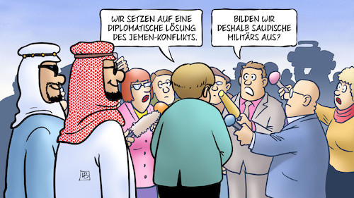 Cartoon: Merkel zu Jemen (medium) by Harm Bengen tagged merkel,jemen,bundeskanzlerin,interview,saudi,arabien,diplomatische,lösung,konflikt,krieg,militaers,harm,bengen,cartoon,karikatur,merkel,jemen,bundeskanzlerin,interview,saudi,arabien,diplomatische,lösung,konflikt,krieg,militaers,harm,bengen,cartoon,karikatur