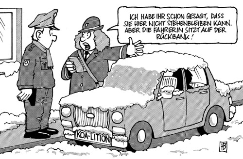 Cartoon: Merkels Führung (medium) by Harm Bengen tagged angela merkel,kanzlerin,kanzler,führung,zurückhaltung,schnee,auto,kanzleramt,angela,merkel,koalition,kritik,angriff,führungsschwäche,untätigkeit,polizist,politesse,parken,stillstand