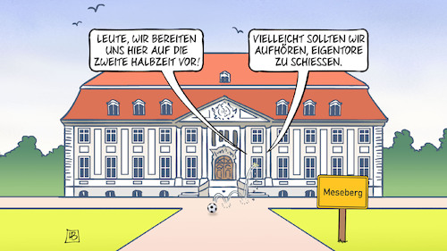 Cartoon: Meseberg-Eigentore (medium) by Harm Bengen tagged zweite,halbzeit,fussball,scheibe,eigentore,schloss,meseberg,koalition,kabinettsklausur,ampel,harm,bengen,cartoon,karikatur,zweite,halbzeit,fussball,scheibe,eigentore,schloss,meseberg,koalition,kabinettsklausur,ampel,harm,bengen,cartoon,karikatur