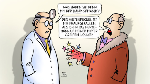 Cartoon: Mietendeckel schnappt zu (medium) by Harm Bengen tagged arzt,hand,verletzung,schmerz,mietendeckel,portemonnaie,mieter,wucher,kapitalist,wohnen,berlin,harm,bengen,cartoon,karikatur,arzt,hand,verletzung,schmerz,mietendeckel,portemonnaie,mieter,wucher,kapitalist,wohnen,berlin,harm,bengen,cartoon,karikatur