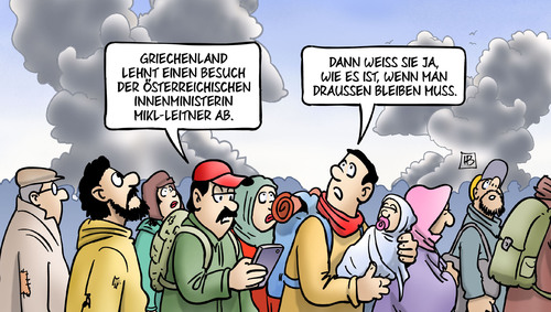 Cartoon: Mikl-Leitner ausgeladen (medium) by Harm Bengen tagged griechenland,besuch,österreich,innenministerin,mikl,leitner,grenze,europa,eu,asylrecht,flucht,flüchtlinge,abschreckung,verschärfung,harm,bengen,cartoon,karikatur,griechenland,besuch,österreich,innenministerin,mikl,leitner,grenze,europa,eu,asylrecht,flucht,flüchtlinge,abschreckung,verschärfung,harm,bengen,cartoon,karikatur