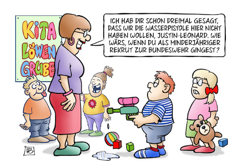 Cartoon: Minderjährige Rekruten (medium) by Harm Bengen tagged wasserpistole,bundeswehr,kita,minderjährige,rekruten,kindersoldaten,harm,bengen,cartoon,karikatur,wasserpistole,bundeswehr,kita,minderjährige,rekruten,kindersoldaten,harm,bengen,cartoon,karikatur