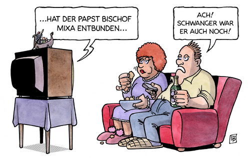 Cartoon: Mixa-Entlassung (medium) by Harm Bengen tagged bischof,mixa,entlassung,papst,vatikan,kirche,katholisch,religion,veruntreuung,missbrauch,sexuell,pruegeln,augsburg,bischof,mixa,entlassung,papst,kirche,katholisch,religion,veruntreuung,missbrauch,sexuell,augsburg,gewalt,skandal