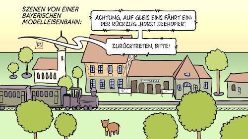 Cartoon: Modelleisenbahn (medium) by Harm Bengen tagged modelleisenbahn,rückzug,rücktritt,seehofer,csu,bayern,innenminister,parteichef,zurücktreten,harm,bengen,cartoon,karikatur,modelleisenbahn,rückzug,rücktritt,seehofer,csu,bayern,innenminister,parteichef,zurücktreten,harm,bengen,cartoon,karikatur