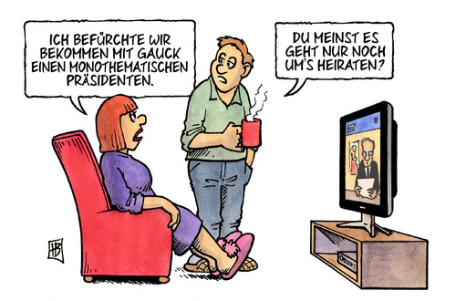 Cartoon: Monothematisch (medium) by Harm Bengen tagged gauck,bundespräsident,heirat,hochzeit,wahl,bundesversammlung,monothematisch,gauck,bundespräsident,heirat,hochzeit,bundesversammlung,monothematisch