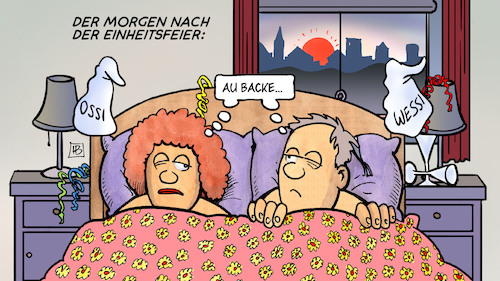 Cartoon: Morgen danach (medium) by Harm Bengen tagged mauerfall,ddr,brd,maueröffnung,sed,jahrestag,einsturz,schabowski,zettel,einheitsfeier,party,morgen,danach,bett,erwachen,versehen,kater,sekt,harm,bengen,cartoon,karikatur,mauerfall,ddr,brd,maueröffnung,sed,jahrestag,einsturz,schabowski,zettel,einheitsfeier,party,morgen,danach,bett,erwachen,versehen,kater,sekt,harm,bengen,cartoon,karikatur