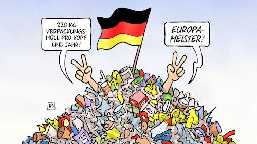 Cartoon: Müll-Meister (medium) by Harm Bengen tagged 220,kg,verpackungsmüll,kopf,jahr,europameister,victory,deutschland,abfall,harm,bengen,cartoon,karikatur,220,kg,verpackungsmüll,kopf,jahr,europameister,victory,deutschland,abfall,harm,bengen,cartoon,karikatur