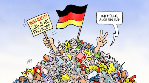 Cartoon: Müll-Rekord (medium) by Harm Bengen tagged rekord,verpackungsmüll,berg,fahne,harm,bengen,cartoon,karikatur,rekord,verpackungsmüll,berg,fahne,harm,bengen,cartoon,karikatur