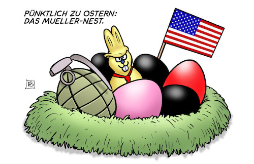 Cartoon: Mueller-Nest (medium) by Harm Bengen tagged ostern,nest,hase,handgranate,mueller,report,trump,usa,untersuchung,russland,affäre,geschwärzt,harm,bengen,cartoon,karikatur,ostern,nest,hase,handgranate,mueller,report,trump,usa,untersuchung,russland,affäre,geschwärzt,harm,bengen,cartoon,karikatur