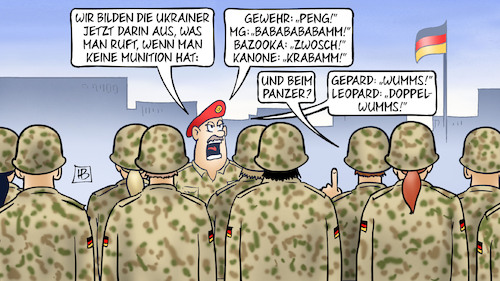 Cartoon: Munitionsmangel (medium) by Harm Bengen tagged ukrainer,ausbilden,doppelwumms,munitionsmangel,soldaten,bundeswehr,krieg,ukraine,russland,harm,bengen,cartoon,karikatur,ukrainer,ausbilden,doppelwumms,munitionsmangel,soldaten,bundeswehr,krieg,ukraine,russland,harm,bengen,cartoon,karikatur