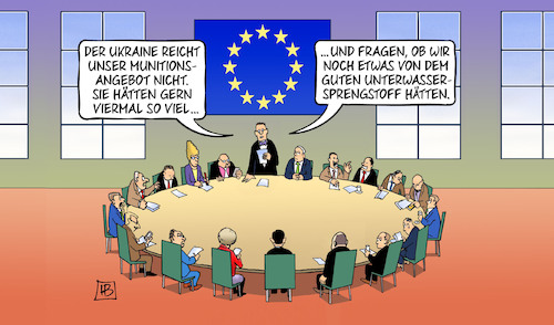 Cartoon: Munitonsangebot (medium) by Harm Bengen tagged munitionsangebot,unterwassersprengstoff,sprengstoff,nordstream,anschlag,sprengung,eu,europa,gipfel,verteidigungsminister,krieg,ukraine,russland,harm,bengen,cartoon,karikatur,munitionsangebot,unterwassersprengstoff,sprengstoff,nordstream,anschlag,sprengung,eu,europa,gipfel,verteidigungsminister,krieg,ukraine,russland,harm,bengen,cartoon,karikatur