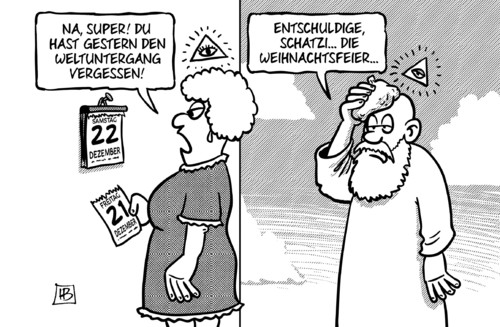 Cartoon: Nach dem Weltuntergang (medium) by Harm Bengen tagged weltuntergang,apokalypse,mayakalender,mayas,kalender,vergessen,weihnachtsfeier,alkohol,kater,gott,frau,himmel,harm,bengen,cartoon,karikatur