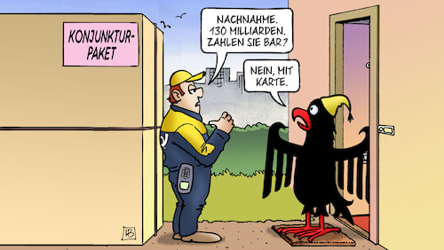 Cartoon: Nachnahme mit Karte (medium) by Harm Bengen tagged konjunkturpaket,paket,nachnahme,post,paketbote,briefträger,bundesadler,adler,barzahlung,kredit,karte,corona,covid19,virus,wirtschaft,pandemie,harm,bengen,cartoon,karikatur,konjunkturpaket,paket,nachnahme,post,paketbote,briefträger,bundesadler,adler,barzahlung,kredit,karte,corona,covid19,virus,wirtschaft,pandemie,harm,bengen,cartoon,karikatur