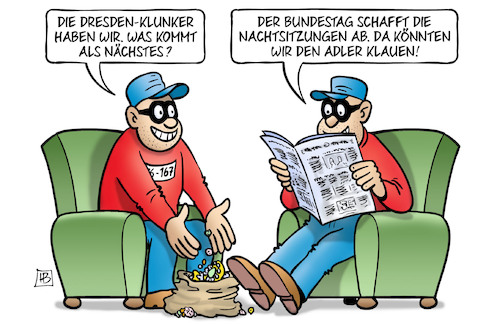 Cartoon: Nachtsitzungen (medium) by Harm Bengen tagged dresden,klunker,bundestag,nachtsitzungen,adler,klauen,gangster,panzerknacker,raub,grünes,gewölbe,harm,bengen,cartoon,karikatur,dresden,klunker,bundestag,nachtsitzungen,adler,klauen,gangster,panzerknacker,raub,grünes,gewölbe,harm,bengen,cartoon,karikatur