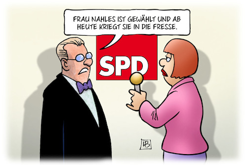 Cartoon: Nahles-Wahl (medium) by Harm Bengen tagged fresse,spd,parteitag,parteivorsitzende,nahles,lange,wahl,interview,harm,bengen,cartoon,karikatur,fresse,spd,parteitag,parteivorsitzende,nahles,lange,wahl,interview,harm,bengen,cartoon,karikatur