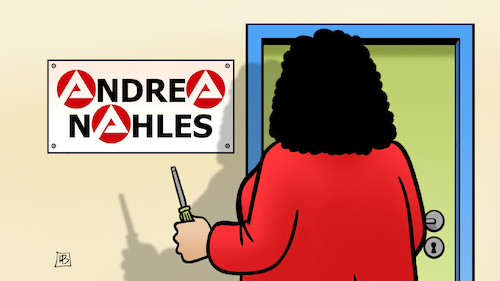 Cartoon: Nahles BA-Chefin (medium) by Harm Bengen tagged andrea,nahles,ba,bundesanstalt,arbeit,arbeitsamt,chefin,schraubenzieher,schild,harm,bengen,cartoon,karikatur,andrea,nahles,ba,bundesanstalt,arbeit,arbeitsamt,chefin,schraubenzieher,schild,harm,bengen,cartoon,karikatur