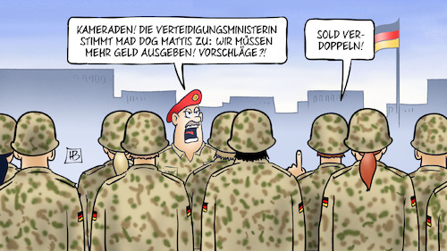 Cartoon: Nato-Verteidigungsausgaben (medium) by Harm Bengen tagged verteidigungsministerin,von,der,leyen,mad,dog,mattis,nato,verteidigungsausgaben,geld,sold,bezahlung,gehalt,soldaten,bundeswehr,harm,bengen,cartoon,karikatur,verteidigungsministerin,von,der,leyen,mad,dog,mattis,nato,verteidigungsausgaben,geld,sold,bezahlung,gehalt,soldaten,bundeswehr,harm,bengen,cartoon,karikatur