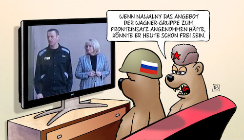 Cartoon: Nawalny-Prozess (medium) by Harm Bengen tagged nawalny,angebot,wagner,gruppe,zum,fronteinsatz,tv,bären,gefängnis,knast,prozess,urteil,russland,ukraine,krieg,harm,bengen,cartoon,karikatur,nawalny,angebot,wagner,gruppe,zum,fronteinsatz,tv,bären,gefängnis,knast,prozess,urteil,russland,ukraine,krieg,harm,bengen,cartoon,karikatur