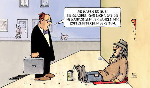 Cartoon: Negativzins-Qual (medium) by Harm Bengen tagged qual,negativzinsen,verlust,banken,kopfzerbrechen,ezb,sparer,bettler,geld,reichtum,harm,bengen,cartoon,karikatur,qual,negativzinsen,verlust,banken,kopfzerbrechen,ezb,sparer,bettler,geld,reichtum,harm,bengen,cartoon,karikatur