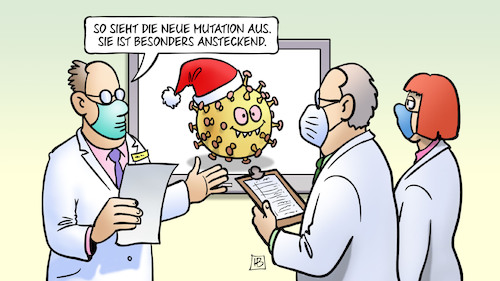 Cartoon: Neue Mutation (medium) by Harm Bengen tagged neue,mutation,grossbritannien,uk,gb,besonders,ansteckend,corona,virus,weihnachten,mütze,wissenschaftler,monitor,harm,bengen,cartoon,karikatur,neue,mutation,grossbritannien,uk,gb,besonders,ansteckend,corona,virus,weihnachten,mütze,wissenschaftler,monitor,harm,bengen,cartoon,karikatur