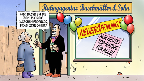 Cartoon: Neue Ratingagentur (medium) by Harm Bengen tagged eurozone,euro,downrating,toprating,fitch,moodys,poors,standard,ratingagentur,ratingagentur,standard,moodys,poors,fitch,toprating,downrating,euro,eurozone