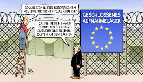 Cartoon: Neuer Pakt für Migration (medium) by Harm Bengen tagged neuer,pakt,fuer,migration,europäische,asylpolitik,aussengrenzen,abschottung,flüchtlinge,lager,schilder,blumenkästen,zaun,arbeiter,leiter,harm,bengen,cartoon,karikatur,neuer,pakt,fuer,migration,europäische,asylpolitik,aussengrenzen,abschottung,flüchtlinge,lager,schilder,blumenkästen,zaun,arbeiter,leiter,harm,bengen,cartoon,karikatur