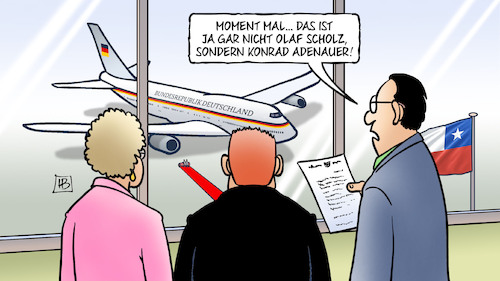 Cartoon: Neuer Regierungsflieger (medium) by Harm Bengen tagged neuer,regierungsflieger,flugzeug,olaf,scholz,konrad,adenauer,lateinamerika,chile,reise,harm,bengen,cartoon,karikatur,neuer,regierungsflieger,flugzeug,olaf,scholz,konrad,adenauer,lateinamerika,chile,reise,harm,bengen,cartoon,karikatur