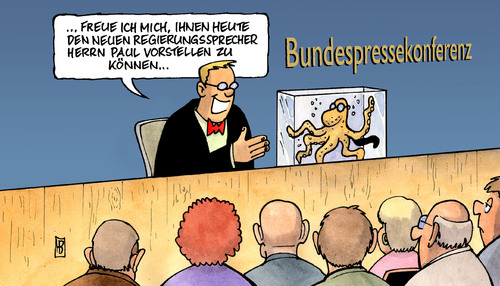 Cartoon: Neuer Regierungssprecher (medium) by Harm Bengen tagged regierungssprecher,merkel,bundeskanzlerin,bundeskanzleramt,steffen,seibert,zdf,journalist,wm,orakel,krake,okrakel,paul,aquarium,vorstellung,einführung,regierungssprecher,regierung,angela merkel,bundeskanzlerin,bundeskanzleramt,journalist,seibert,steffen,orakel,wm,krake,orakel paul,angela,merkel,paul