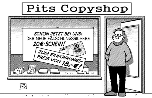 Cartoon: Neuer Zwanziger (medium) by Harm Bengen tagged copyshop,geld,neuer,zwanziger,fälschungssicher,20,schein,euro,ezb,draghi,einführungspreis,fälschung,harm,bengen,cartoon,karikatur