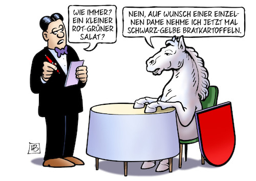 Cartoon: Niedersachsen-Mehrheit (medium) by Harm Bengen tagged niedersachsen,mehrheit,pferd,ross,ober,lokal,essen,übertritt,grüne,spd,cdu,harm,bengen,cartoon,karikatur,niedersachsen,mehrheit,pferd,ross,ober,lokal,essen,übertritt,grüne,spd,cdu,harm,bengen,cartoon,karikatur