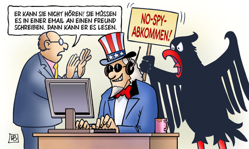 Cartoon: No-Spy-Verhandlungen (medium) by Harm Bengen tagged no,spy,abkommen,verhandlungen,bundestag,bundesregierung,merkel,obama,bundeadler,deutschland,spionage,nsa,bnd,harm,bengen,cartoon,karikatur,no,spy,abkommen,verhandlungen,bundestag,bundesregierung,merkel,obama,bundeadler,deutschland,spionage,nsa,bnd,harm,bengen,cartoon,karikatur