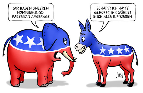 Cartoon: Nominierungs-Parteitag (medium) by Harm Bengen tagged nominierungs,parteitag,absage,usa,corona,infizieren,infektion,demokraten,republikane,elefant,esel,harm,bengen,cartoon,karikatur,nominierungs,parteitag,absage,usa,corona,infizieren,infektion,demokraten,republikane,elefant,esel,harm,bengen,cartoon,karikatur