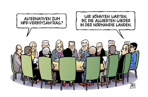 Cartoon: NPD-Verbotsantrag (medium) by Harm Bengen tagged npd,verbotsantrag,partei,bverfg,antrag,ministerpräsidenten,konferenz,beschluss,alliierte,normandie,landung,harm,bengen,cartoon,karikatur,npd,verbotsantrag,partei,bverfg,antrag,ministerpräsidenten,konferenz,beschluss,alliierte,normandie,landung,harm,bengen,cartoon,karikatur