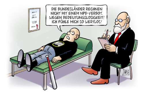 Cartoon: NPD bedeutungslos (medium) by Harm Bengen tagged npd,verbot,bedeutungslosigkeit,wertlos,nazi,rechts,faschismus,psychologe,psychiater,harm,bengen,cartoon,karikatur,npd,verbot,bedeutungslosigkeit,wertlos,nazi,rechts,faschismus,psychologe,psychiater,harm,bengen,cartoon,karikatur