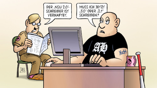 Cartoon: NSU-2.0-Schreiber (medium) by Harm Bengen tagged nsu,schreiber,verhaftet,nazis,drohbriefe,drohungen,terrorismus,rechtsextremismus,computer,zeitung,lesen,harm,bengen,cartoon,karikatur,nsu,schreiber,verhaftet,nazis,drohbriefe,drohungen,terrorismus,rechtsextremismus,computer,zeitung,lesen,harm,bengen,cartoon,karikatur