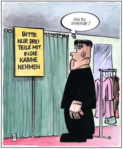 Cartoon: Nur drei Teile in die Kabine (medium) by Harm Bengen tagged kabine,frankenstein,kaufhaus,umkleide,monster,horror,kleidung,kabine,frankenstein,kaufhaus,umkleide,monster,horror,kleidung,mode,umkleidekabine,ungeheuer,umziehen,anziehsachen,vorschriften,handicap,behinderung,operation,literatur,romanfigur,buch,mary shelley,mary,shelley,textilien